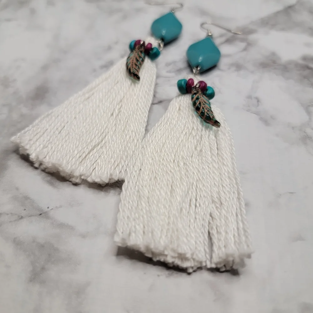 Handmade Tassel Earrings Beaded Turquoise Fuchsia and Feathers boho Hippie